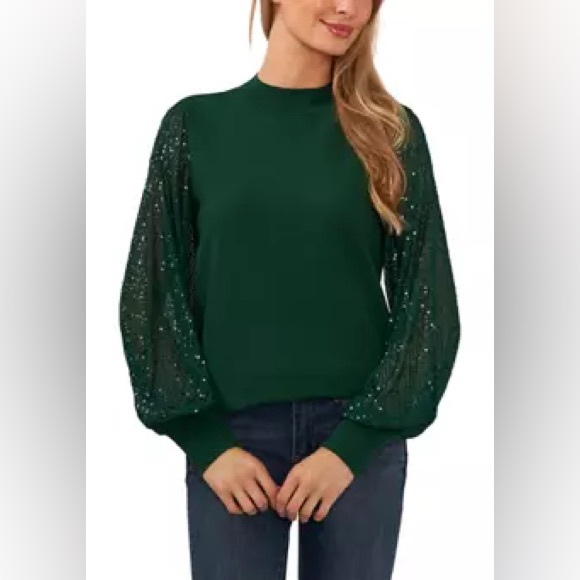 *NWT* Women's Sequin Sleeve Sweater, Alpine Green, Brand: Cece, Size: Large - Picture 1 of 5